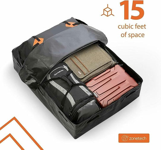 ZONETECH Durable Roof Top Waterproof Cargo Bag -Classic Black 15 Cubic Feet Premium Quality Universal Waterproof Fold-able Leak Proof Traveling Roof Top Car Bag