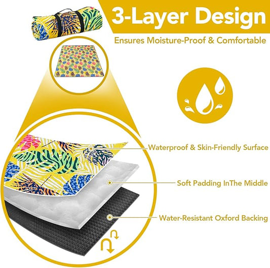 PY SUPER MODE Picnic Blankets Extra Large, Waterproof Foldable Outdoor Beach Blanket Oversized 83x79” Sandproof, 3-Layer Picnic Mat for Camping, Hiking, Travel, Park, Concerts-Tropical Color Leaf