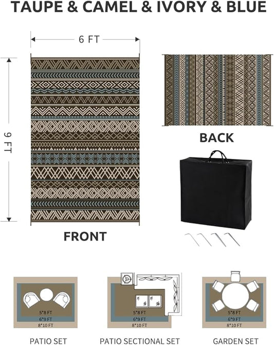 MontVoo Outdoor Rug Carpet Waterproof-Patio Rug Mat 6x9 Reversible RV Camping Rug Picnic Mat Plastic Straw Outside Rug for Balcony Porch Deck Beach-Boho Outdoor Area Rug for Patio Decor Colorful