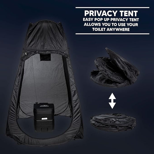 Camping Toilet w/Privacy Tent – 2.5 Gallon Fresh Water Camp Toilet for up to 50 Clean Flushes – Odorless & Heat Resistant Portable Camping Toilet – PE Camping Potty w/ 5.3 Gallon Waste Tank