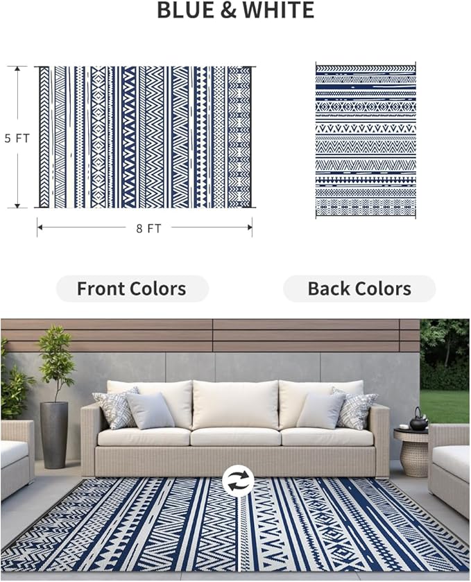 MontVoo-Outdoor Rug Carpet Waterproof 5x8 ft Reversible Patio Rug RV Camping Rug-Plastic Straw Rug Outside Indoor Outdoor Area Rug for Patio Deck Balcony Picnic Beach Outdoor Decor Boho Navy Blue