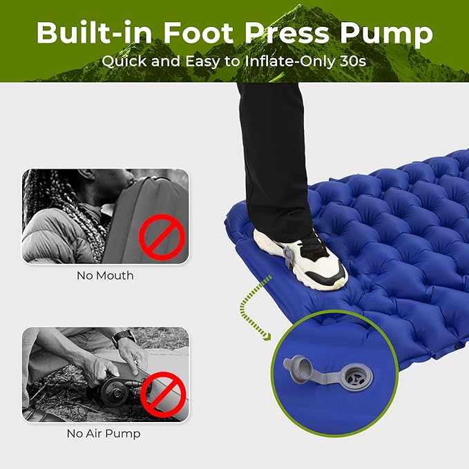 ATEPA Inflatable Sleeping Pad, Waterproof Button-Attachable Backpacking Camping Mattress with Pillow & Built-in Foot Pump for Backpacking Camping Hiking Tent Travelling, Navy