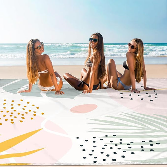 Waterproof Beach Blanket, 78''×86'' Large Sandproof Beach Travel Mat 1-4 Adults, Polyester Lightweight Foldable Outdoor Picnic Blanket with 4 Stakes & 4 Corner Pockets for Grass, Park, Patio