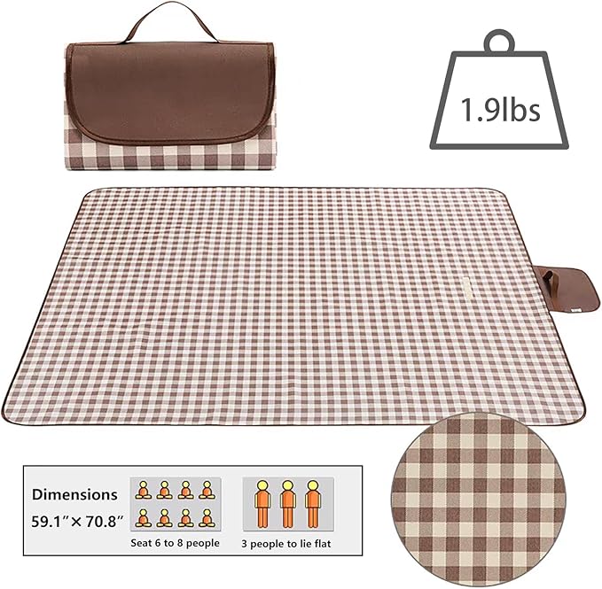 Wind Tour Family Outdoor Waterproof Durable Picnic Blankets with Carry Strap Foldable Sandproof Picnic Floor Mat for Kids Playground Camping Hiking Grass Travelling (1, Coffee Grid)
