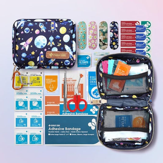 EVERLIT Mini Rescue Pack | 105 Medical Essentials Organized in Portable Storage Bag | Pocket Size Kids First Aid Kit with D Ring | Small Family-Friendly Travel Medical Kit (Space)