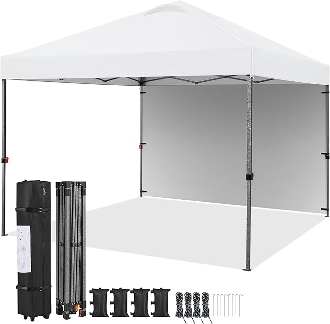 Yaheetech 10x10 Pop up Canopy Tent w/1 Sidewall, Instant Commercial 150D Silver Coated Fabric Outdoor Instant Tent w/Wheeled Bag, 4 Sandbags, 8 Stakes & 4 Ropes for Parties, Camping, Beach, White