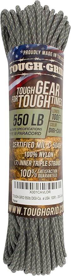 TOUGH-GRID Premium 550lb Paracord Rope - 100ft - Digi Camo - 100% Nylon Type III Mil-Spec - UV & Abrasion Resistant - Heavy Duty Strands - Outdoor Survival Rope - Used by US Military - Made in USA