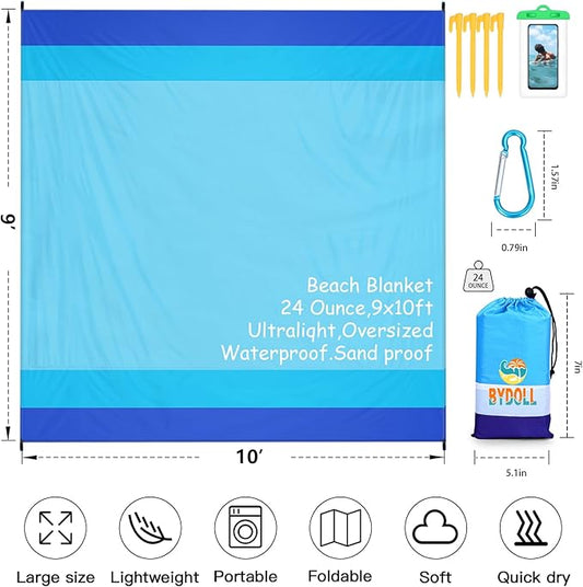 BYDOLL Beach Blanket Waterproof Sandproof 78''×81'' 1-7 Adults Oversized Lightweight Large Picnic Mat Waterproof Sandproof Blanket for Beach
