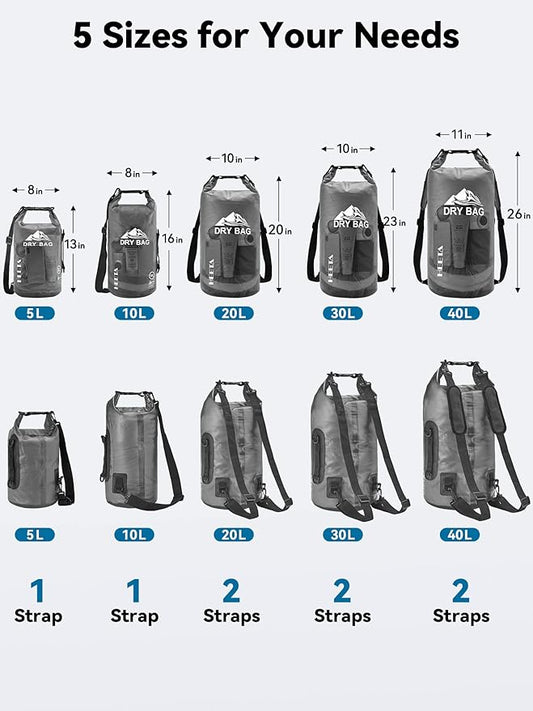 HEETA Dry Bag Waterproof for Women Men, 5L/10L/20L/30L/40L Roll Top Lightweight Dry Storage Bag Backpack with Phone Case for Travel, Swimming, Boating, Kayaking, Camping & Beach, 11 Transparent Colors