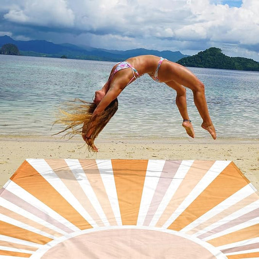 Beach Blanket Waterproof Sandproof Oversized, 9 Ft X 10 Ft Extra Large Beach Mat Sand Free Waterproof for 8 Adult, Lightweight & Compact Polyester Picnic Blankets w/Stakes & Corner Pockets-Boho Sun