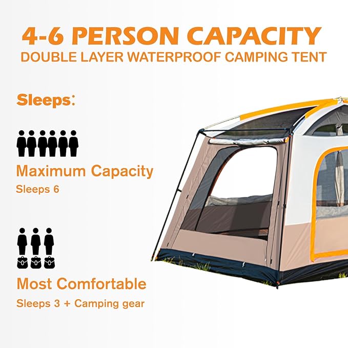 Camping Tent 4-6 Person, Double Layer, Multi-Room Family Cabin Tents with 3 Doors, Mesh Windows, Rainfly & Windproof, Large Waterpoof Tents for Outdoor Camping Hiking Picnic Gathering