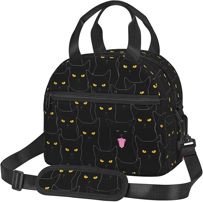 bassyil Black Cat Lunch Box Reusable Insulated Totes Lunch Bag Thermal Cooler Adjustable Shoulder Strap Bag For Men Women