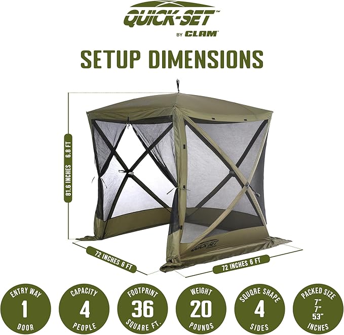 Clam Quick Set Traveler 6 by 6 Foot Portable Pop Up Outdoor Tent Canopy and Carry Bag with 3 Wind and Sun Panels Accessory, Green