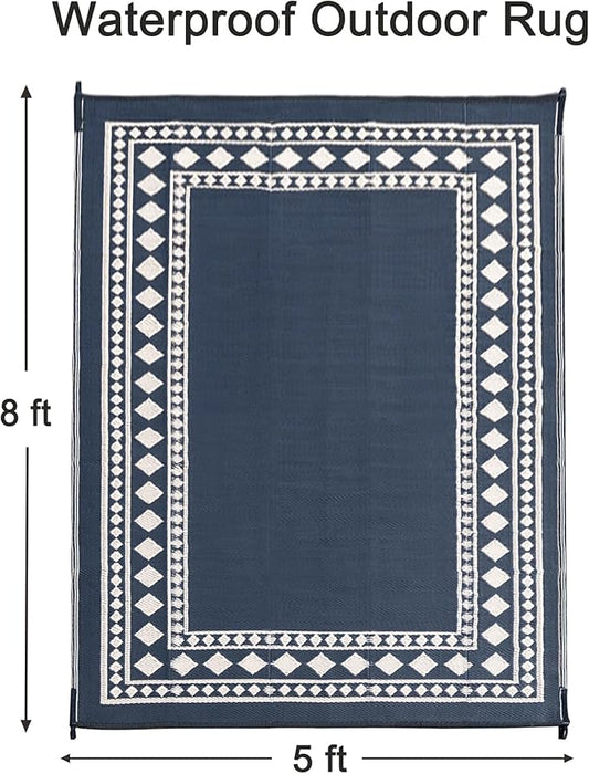 RURALITY Outdoor Rugs 5x8 Waterproof for Patios Clearance,Plastic Straw Mats for Backyard,Porch,Deck,Balcony,Black and Beige