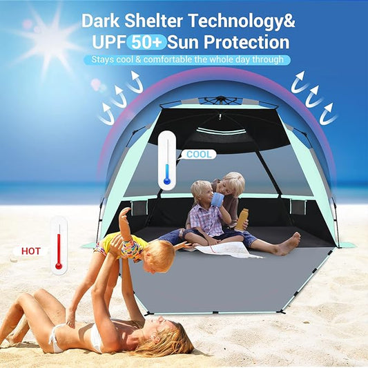 Beach Tent, Deluxe XL Pop-up Beach Tent for 4-6 Person, UPF 50+ with Dark Shelter Technology, Easy Set Up and Portable Beach Tent Sun Shelter