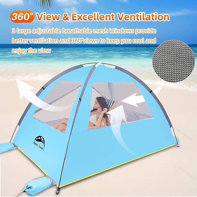 Happy Travel Beach Tent, UPF 50+ UV Protection Sun Shade Shelter for 3/4/5/6/7/8 Person, Portable Beach Canopy for Family & Baby, Lightweight & Easy Setup Beach Cabana with 3 Ventilation Mesh Windows