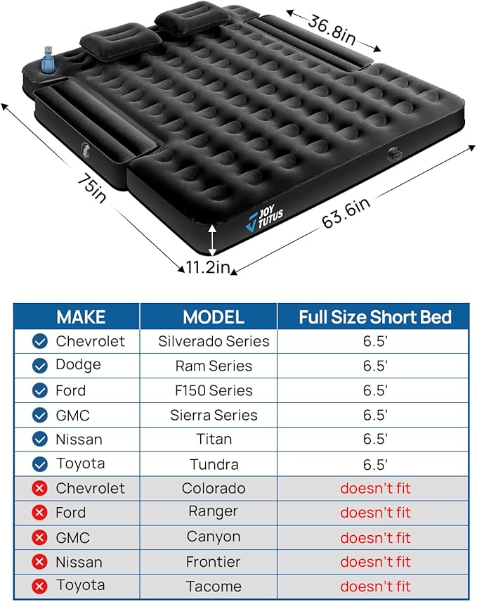 JOYTUTUS Truck Bed Air Mattress for 6.4-6.7Ft, Full Size Regular Beds for Pickup Outdoor Camping, Truck Tent Accessories with Carry Bag & Cup Holder & Cavity Design, Black
