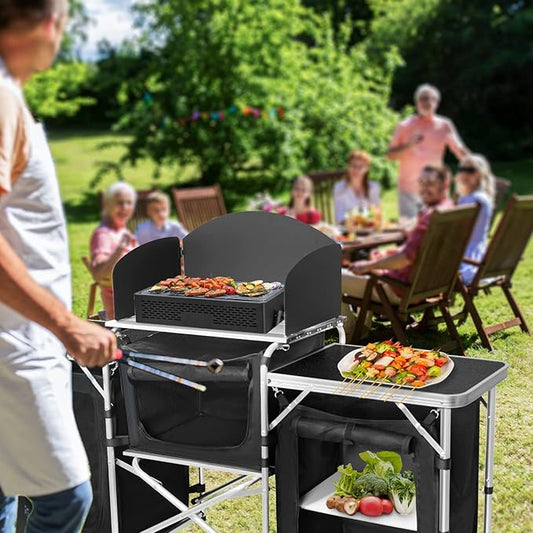 CampLand Folding Cooking Table Outdoor Portable Cook Station Aluminum Camping Kitchen with Storage Organizer, Windscreen, Hooks for BBQ, Party (Black3cabinet)