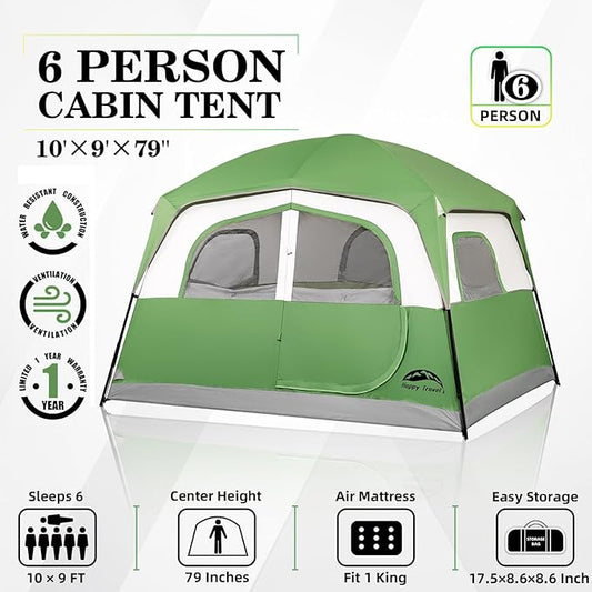Happy Travel Tent 6 Person Tents for Camping, Waterproof Easy Setup Camping Tent with Rainfly, Portable Large Family Cabin Tent with 5 Large Mesh Windows and Carry Bag for Outdoor Camping & Hiking