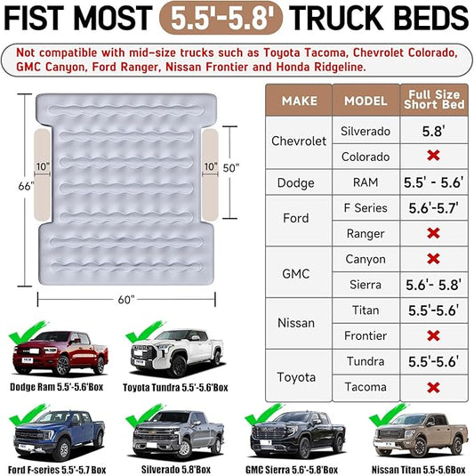 Built-in Pump Truck Air Mattress for 5.5-5.8ft Short Bed, Inflatable Full Size Pickup Airbed with Detachable Pump for Outdoor Travel Camping, Includes Pillows & Storage Bag
