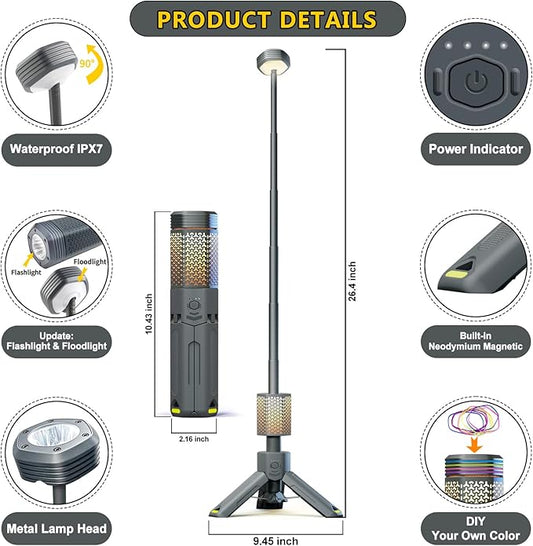 Camping-Lights-Rechargeable,Outdoor Telescopic-Collapsible-Lanterns with 2 Light Sources Mobile Lighting 10500mAh Battery Flash Light & Road Lamp for Adventure/Hiking/Camping/Live Streaming(Dark Grey)