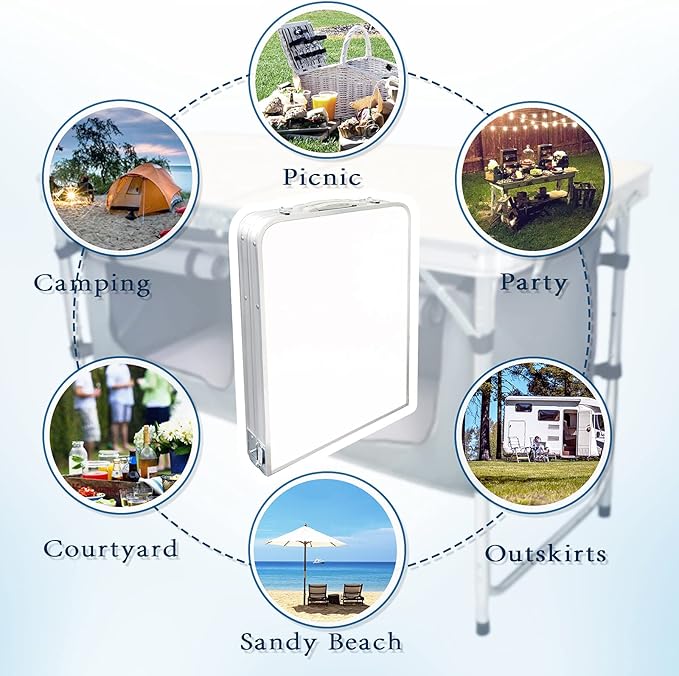 CampLand Outdoor Folding Table Aluminum Lightweight Height Adjustable with Storage Organizer for BBQ, Party, Camping