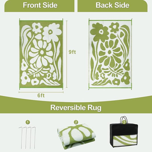 Wonnitar Outdoor Rugs 6x9 Waterproof, Plastic Straw RV Rugs for Outside, Large Portable RV Outdoor Rugs for Camping, Reversible Green Flower Picnic Mat for Camper Garden Tent (Green Flower, 6'x9')