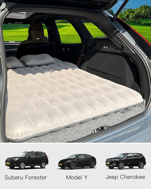 SUV Air Mattress, Inflatable Car Mattress Bottle and Phone Holder Thickened Flocking & PVC Surface Car Bed with Electric Air Pump Travel Mattress for Car Camping Road Trip (Grey)