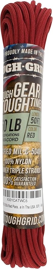 TOUGH-GRID Premium Red Paracord 550 lbs Made in USA Outdoor Survival Nylon Rope Tactical Heavy Duty Strands Parachute Cord Used by US Military Type III Mil-Spec