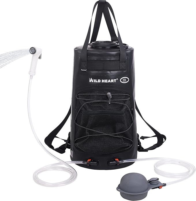 WILD HEART Camping Shower 22L/ 12L Portable Shower for Camping with Pressure Foot Pump and Hose - Solar Shower Bag Backpack for Camping, Road Trip & Outdoor Use