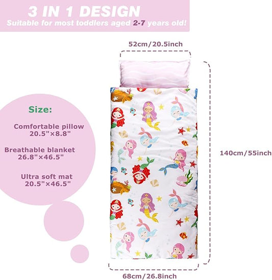 Toddlers Nap Mat with Removable Pillow and Soft Blanket, Lightweight Daycare Preschool Kindergarten Sleeping Bag, Travel Slumber for Kids Girls Boys