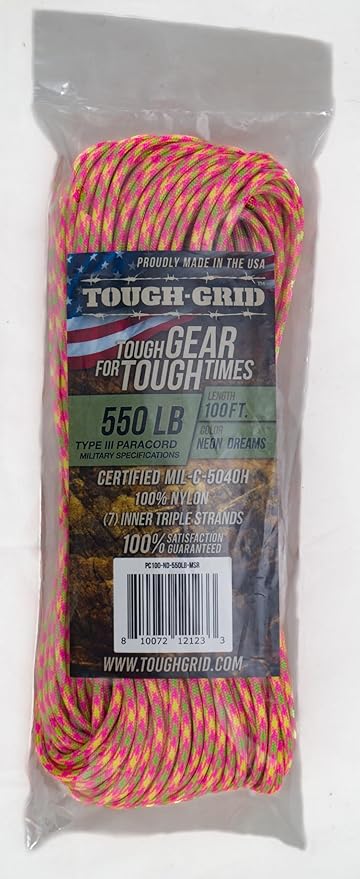 TOUGH-GRID Premium 550lb Paracord Rope - 100Ft White - 100% Nylon Type III Mil-Spec - UV & Abrasion Resistant - Heavy Duty Strands - Outdoor Survival Rope - Used by US Military - Made in USA