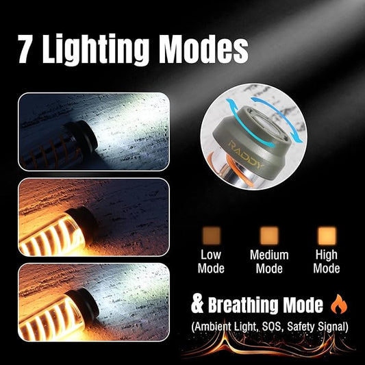 Raddy CL-1 Portable Rechargeable Flashlight with 7 Light Modes, IPX6 Waterproof, with Carabiner and Stand, for Hiking, Fishing, Emergency, Power Outage