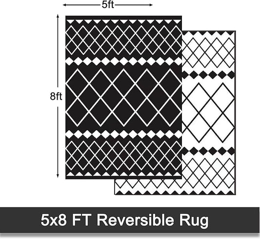 RURALITY Outdoor Rug 5x8 for Patios,Plastic Straw Waterproof Mats for Camping,Porch,RV,Picnic,Reversible,Geometric