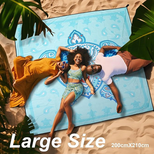 Beach Blanket Waterproof Sandproof, 79" x 83" Extra Large Sand Free Quick Drying Beach Mat, Compact Outdoor Picnic Mat for Travel, Hiking, Camping (Blue Sea Turtle)