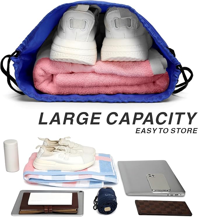 BuyAgain Drawstring Backpack Sports Water Resistant String Bag Sport Gym Sackpack for Women Men Large with Zipper, Royal