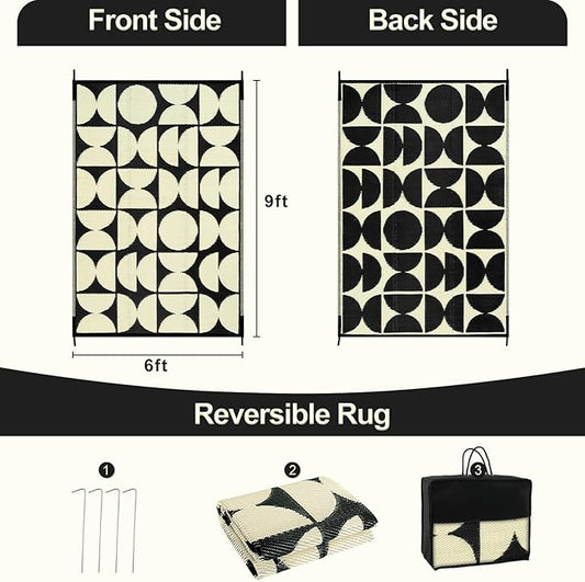 Wonnitar Outdoor Rug 6x9 Waterproof for Patio, Reversible Outdoor Plastic Straw Rug Large Portable RV Camping Rug, Geometric Outside Area Rug for Backyard Balcony Garden (Black & Beige,6'x9')
