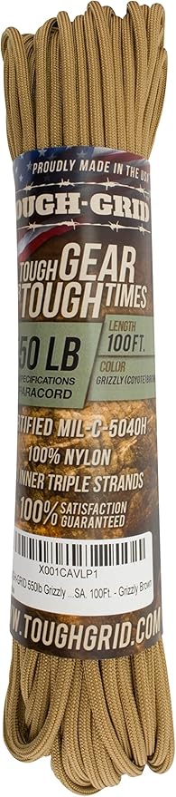 TOUGH-GRID Premium Grizzly Brown Paracord 550 lbs Made in USA Outdoor Survival Nylon Rope Tactical Heavy Duty Strands Parachute Cord Used by US Military Type III Mil-Spec