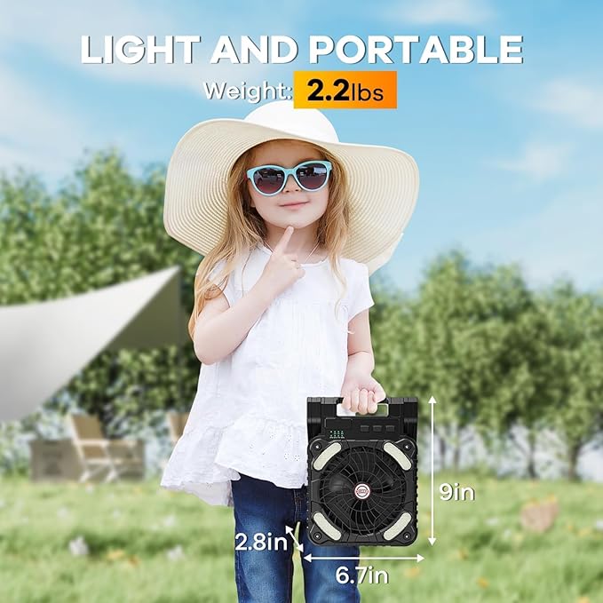 Solar Powered Fan for Camping, 10400mAh Rechargeable Battery Operated Portable Fan with LED Lantern, 4 Speeds Powerful Wind and 3 Timer Table Fan, for Picnic, Hurricane, Fishing, (Black)
