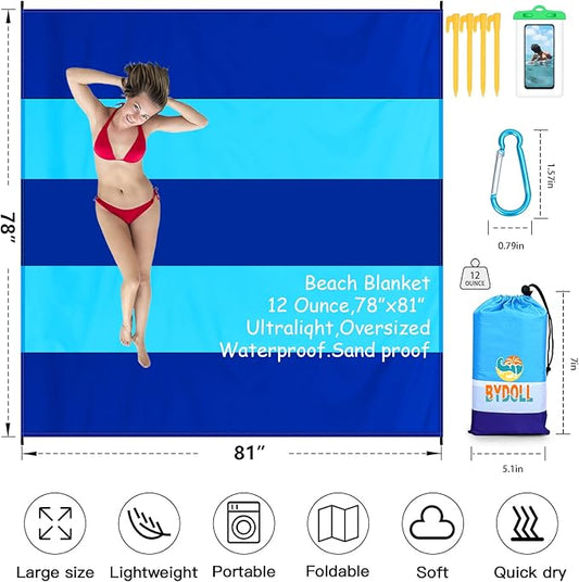 BYDOLL Beach Blanket 78''X81'' 4-7 Adults Oversized Lightweight Waterproof Sandproof Blanket for Beach Large Picnic Mat Travel Camping
