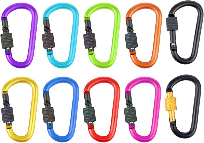 10 Pack Aluminum D Ring Key Rings Hiking Clips Locking Carabiner for Hiking Camping Fishing and Outdoor Use,Clips with Screw Gate Multicolored