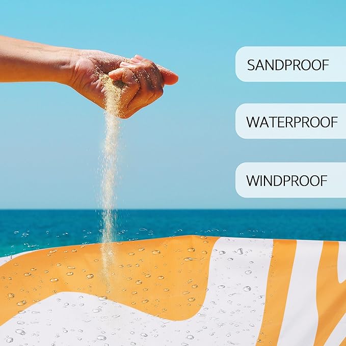 Yellow Beach Blanket, Sand Free Waterproof Outdoor Beach Mat with 4 Stakes & Pockets, 78''×86'' Large Sandproof Foldable Picnic Blanket with Portable Bag for Camping, Travel, Hiking