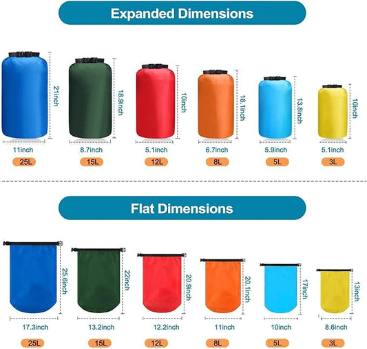 6 Pcs Dry Bags Waterproof,Lightweight dry bags for kayaking waterproof,Multi-Size Outdoor dry sack Waterproof Bag for Boating, Beach, Hiking(3L,5L,8L,12L,15L,25L)