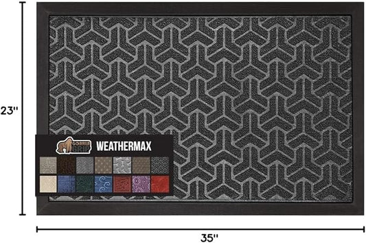 GORILLA GRIP 100% Waterproof All-Season WeatherMax Doormat, 23x35, Durable Natural Rubber, Stain and Fade Resistant, Low Profile, Indoor Outdoor Door Mats, Easy Clean Patio Entry Mat, Slate Geometric