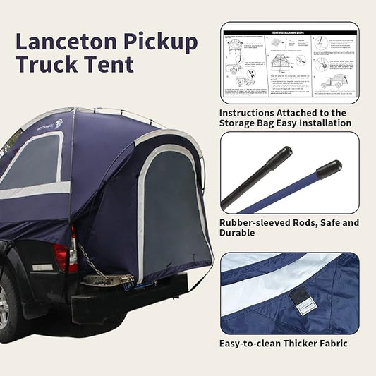 Pickup Truck Tent, Fit 5.5-6, 6.5ft Truck Bed, Waterproof PU3000 high Density Polyester Oxford, Windproof Pole and Insect-Prevention Double Layer Mesh Window & Door, Unique Rear Window Pipe