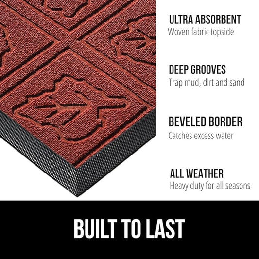 GORILLA GRIP 100% Waterproof All-Season WeatherMax Doormat, Durable Natural Rubber, Stain and Fade Resistant, Low Profile, Indoor Outdoor Door Mats, Easy Clean Entrance Mat, 17x29, Burgundy Leaves