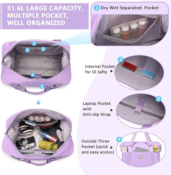 Gym bag for Women, Travel Duffel Bags with Trolley Sleeve, Weekender Overnight Bag, Carry on Tote Bag Dance Bag