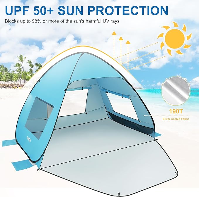 TOBTOS UPF 50+ Pop Up Beach Tent, Easy Set Up Beach Umbrella, Sun Shelter for 2-3 People UV Protection Portable Sunshade, Baby Canopy Cabana, Lightweight with Carry Bag