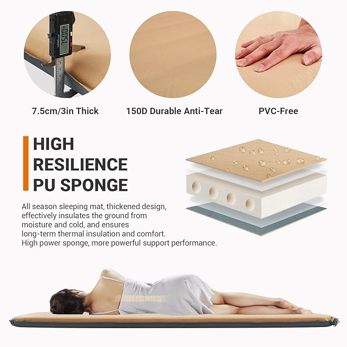 KingCamp Self Inflating Air Mattress, R 6.5 Foam Sleeping Pad for Single Adult 3" Thick Camping Mat Camping Essentials with Perforated Foam Core for Outdoor Tent Cot Car Backpacking (Khaki/Charcoal)