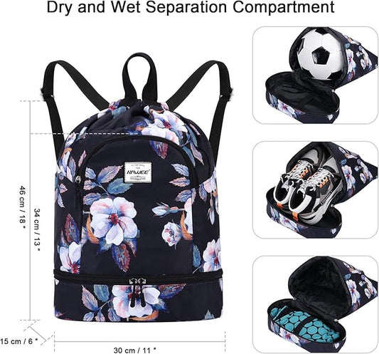 Dry Wet Drawstring Backpack with Shoe Compartment for Women Adjustable Gym Bag